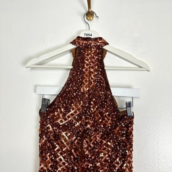 MAC DUGGAL Sequin Plaid Halter Neck Cocktail Dress in Copper Size US 4 - Picture 7 of 8